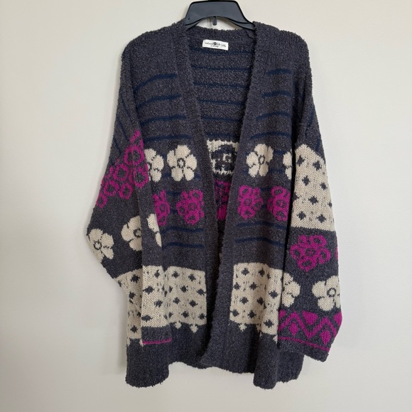 Natural Life Wool Blend Gray Pink Floral Calla Jacquard Cardigan Sweater - Picture 2 of 12